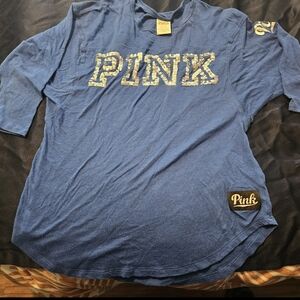 Victoria's Secret Blue 3/4 Long Sleeve Tee with PINK Sequence Logo